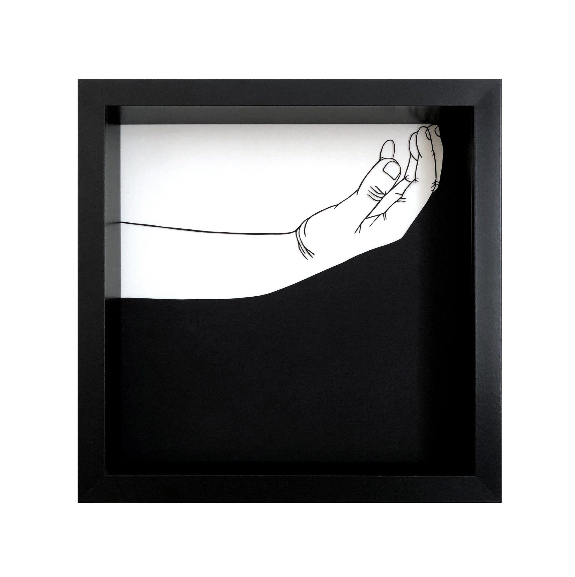 A black and white drawing of a hand holding something