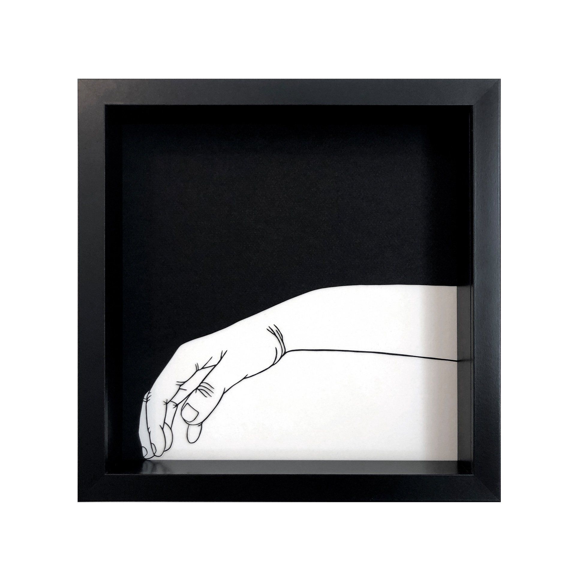 A black and white drawing of a hand with a ring on it