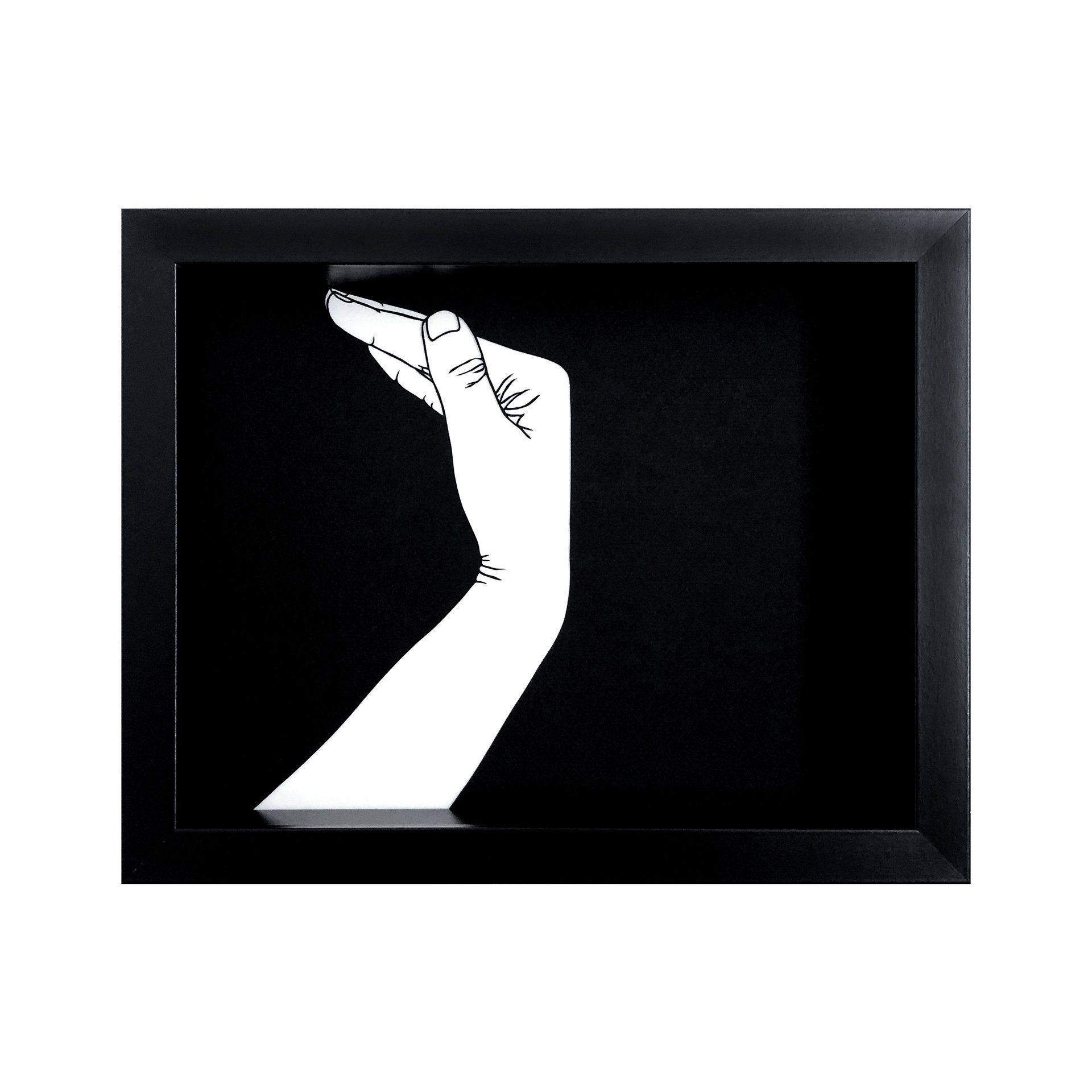 A black and white drawing of a hand on a black background