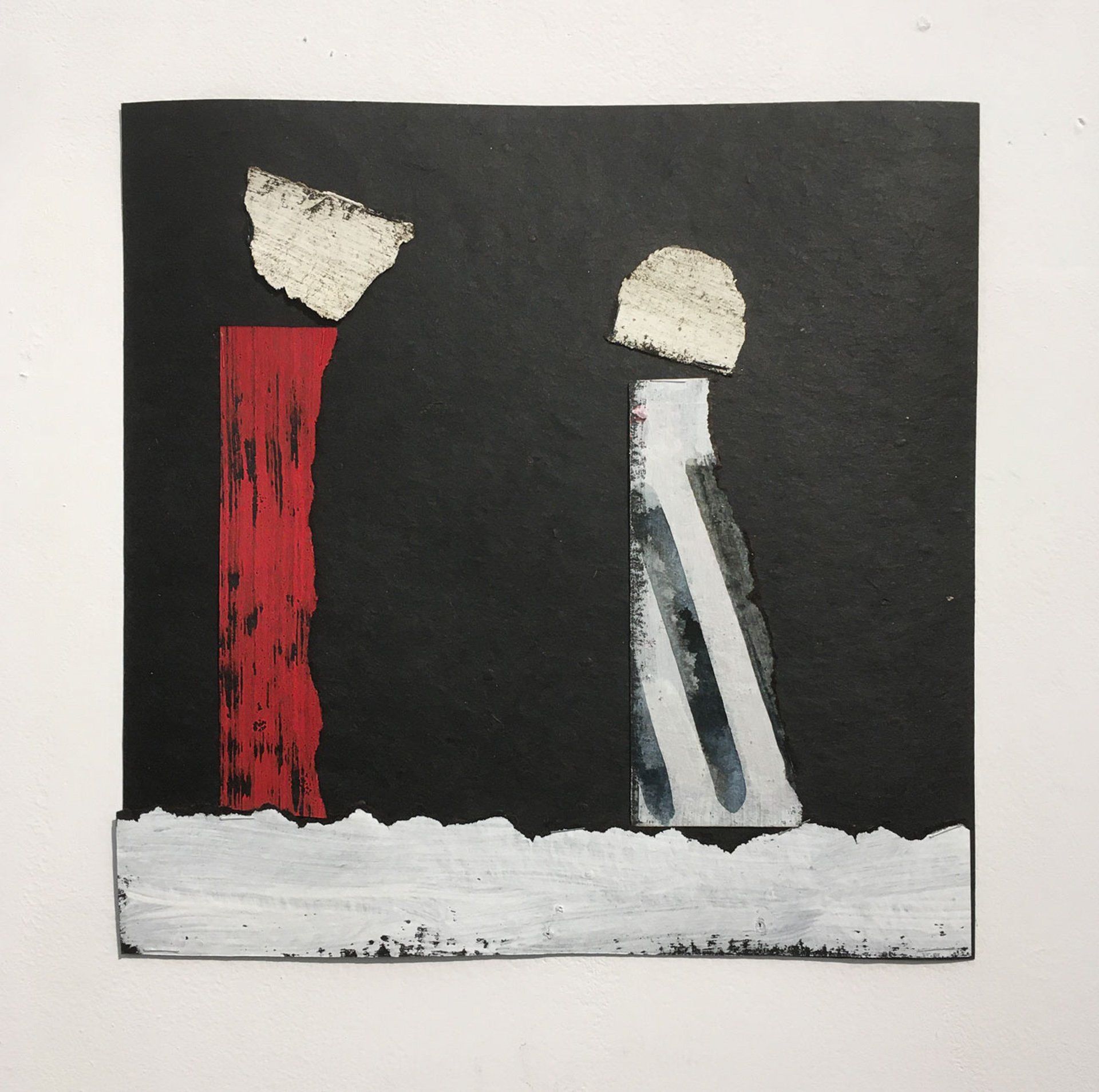 A painting of a red and white object on a black background
