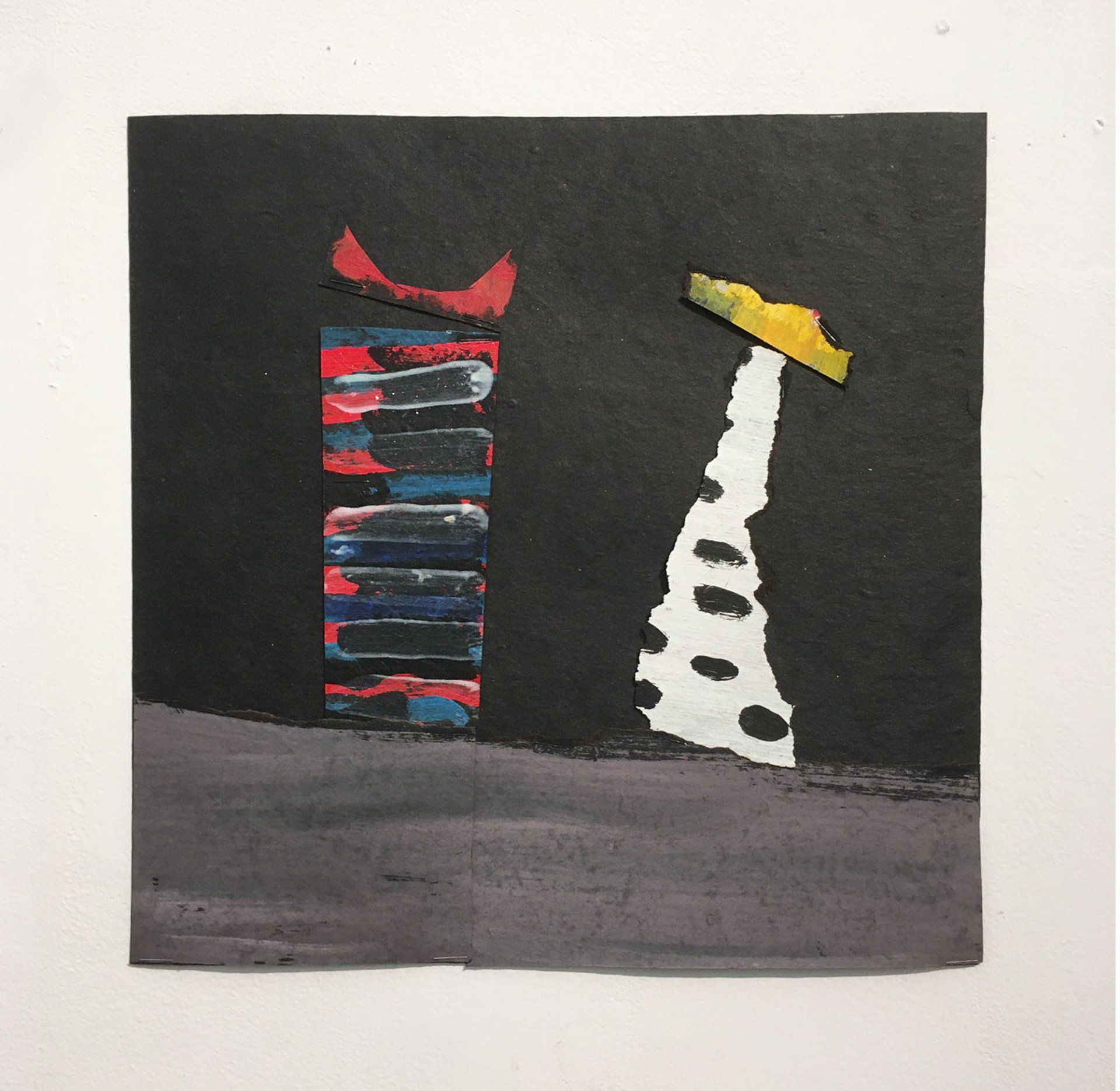 A painting of a tower with a yellow hat on top