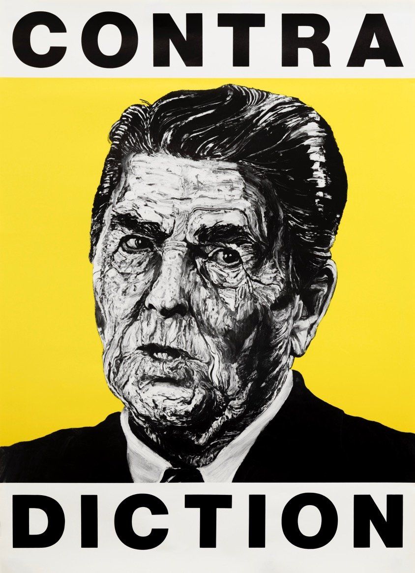 A poster of a man with the words contra diction on it
