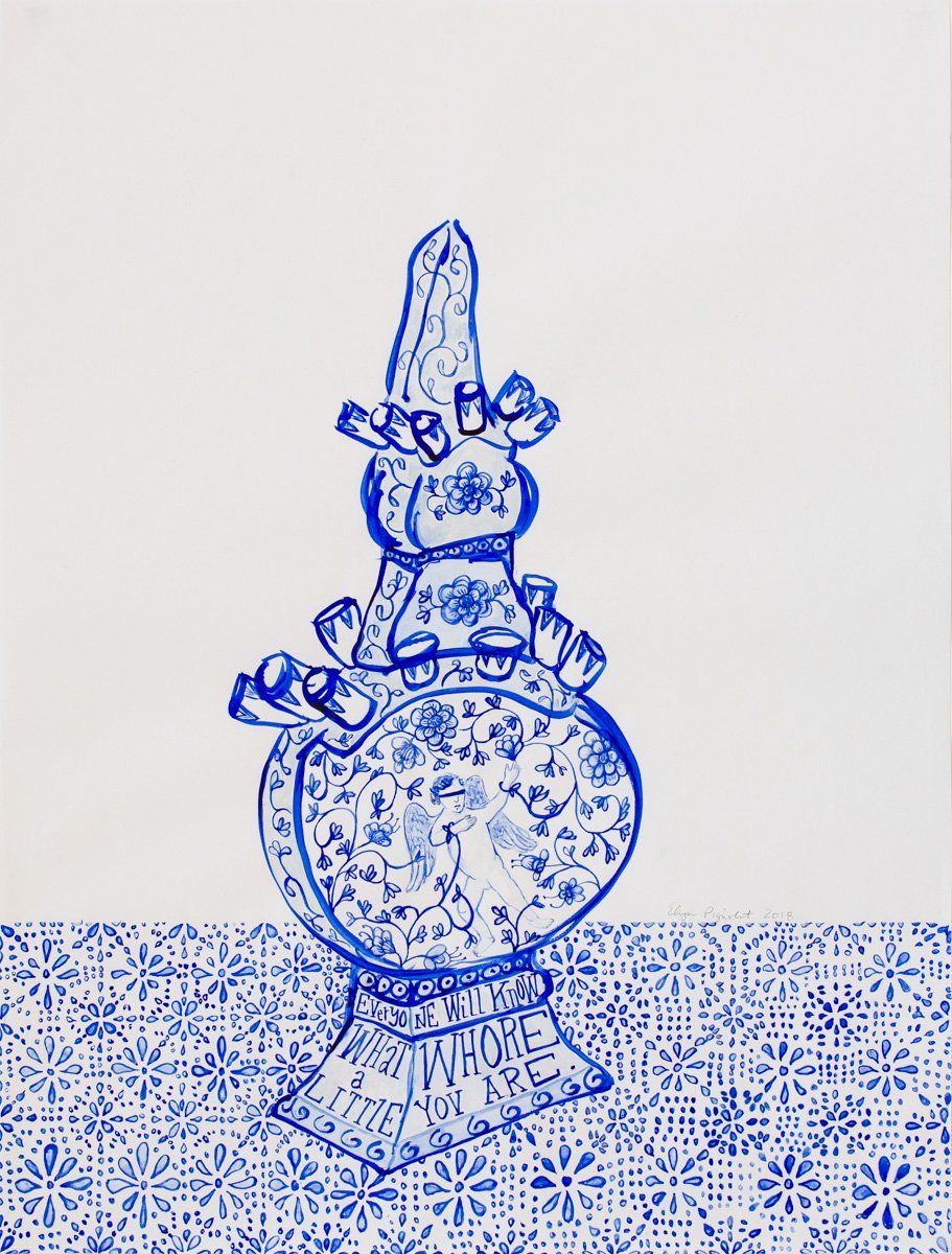 A blue and white drawing of a vase on a table