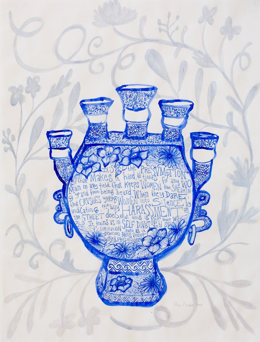 A blue and white drawing of a vase with flowers in the background