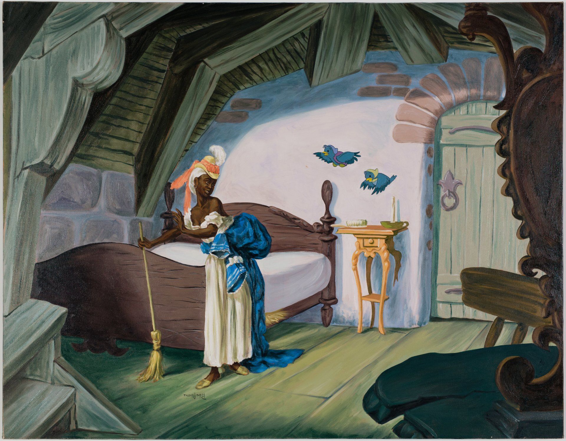 A painting of a woman standing next to a bed