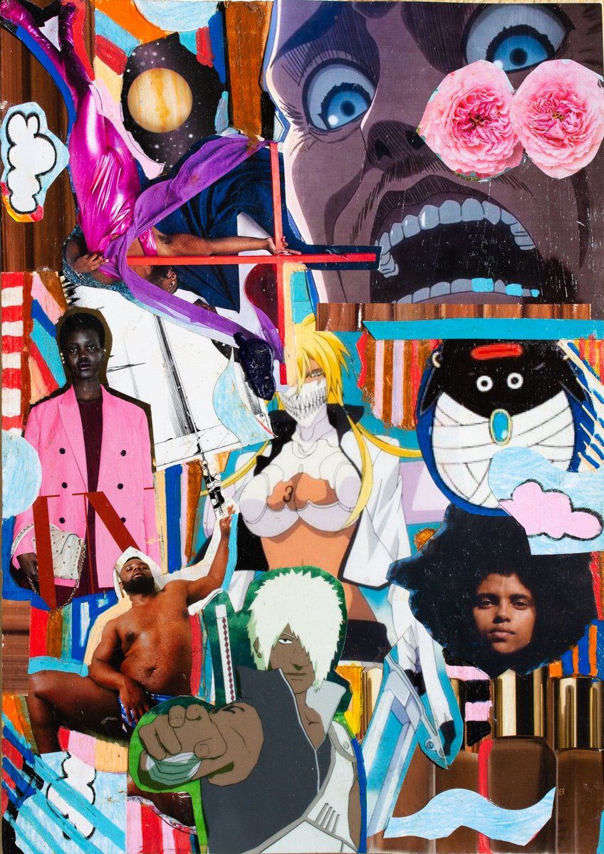 A collage of cartoon characters including a man in a pink jacket