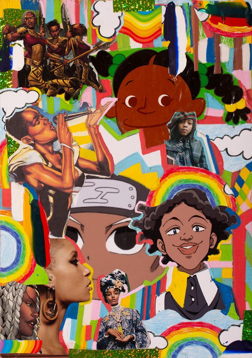 A collage of cartoon characters with a rainbow in the background