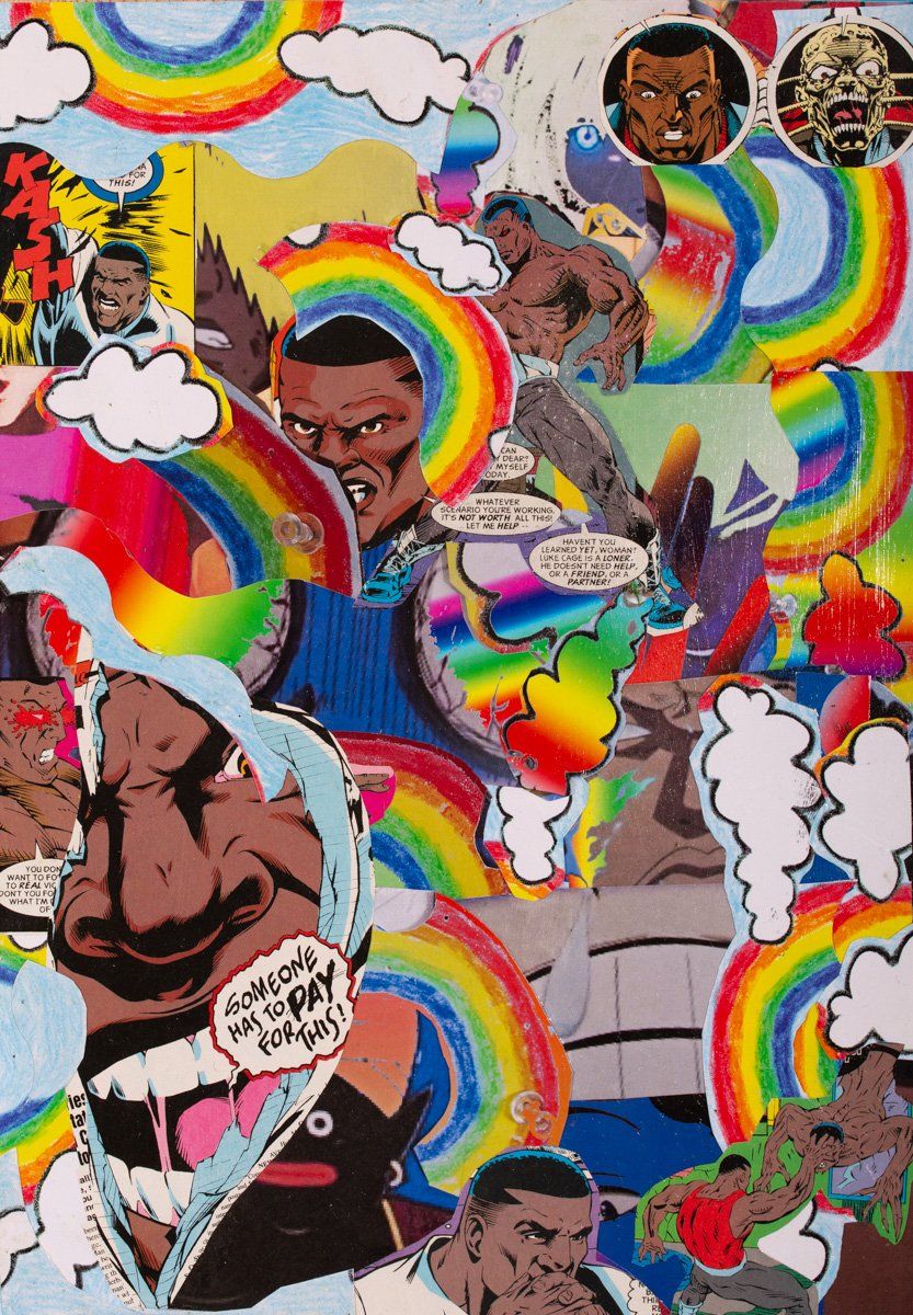 A collage of cartoon characters with rainbows and clouds