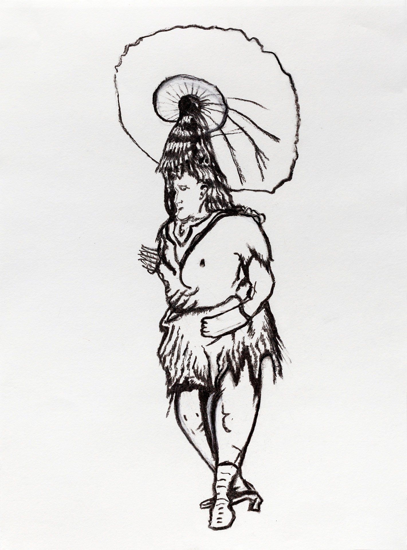 A black and white drawing of a man in a native american costume