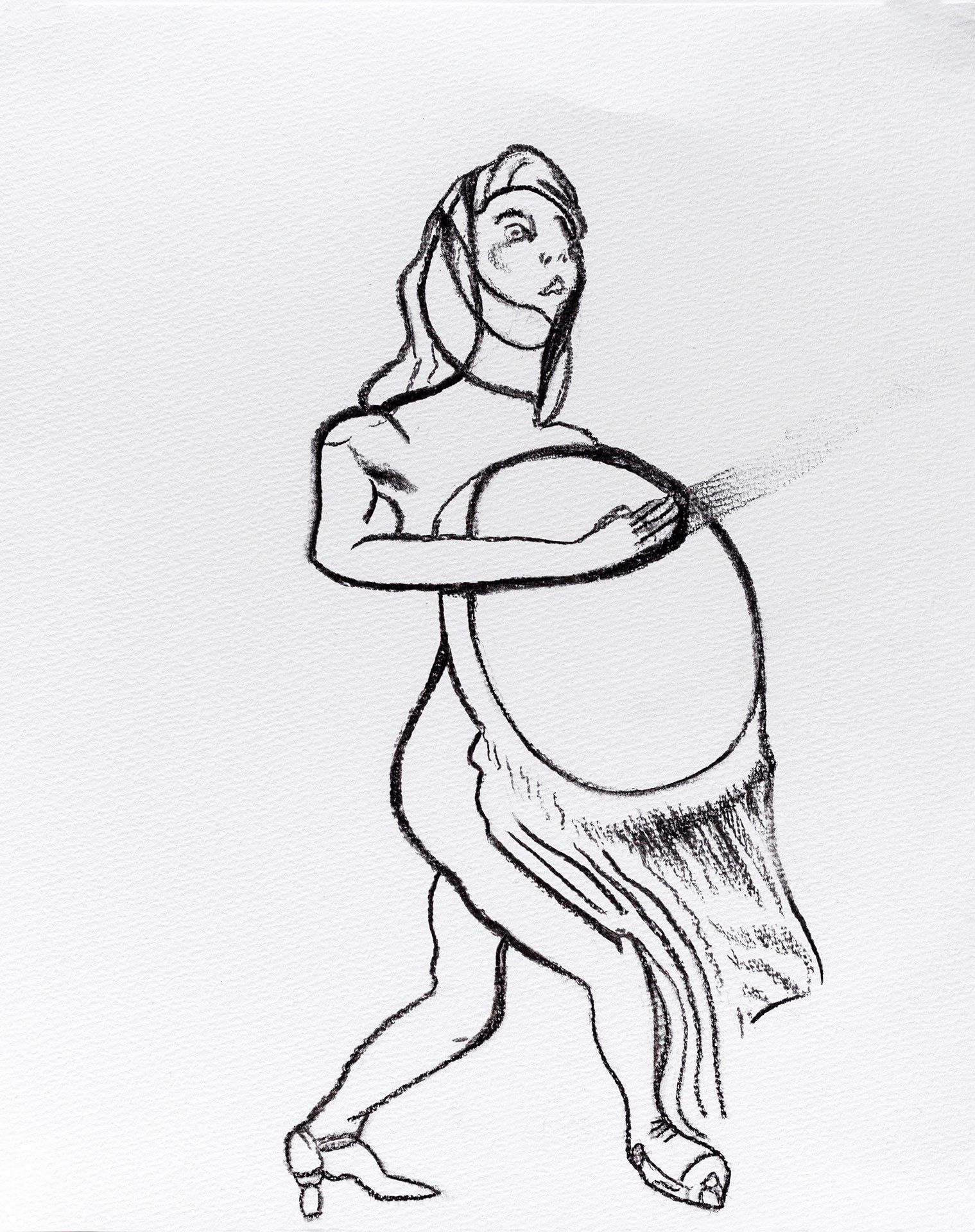 A black and white drawing of a woman with a large belly