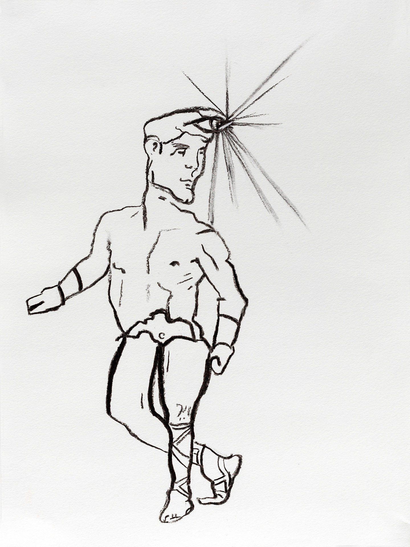 A black and white drawing of a man with a spider on his head