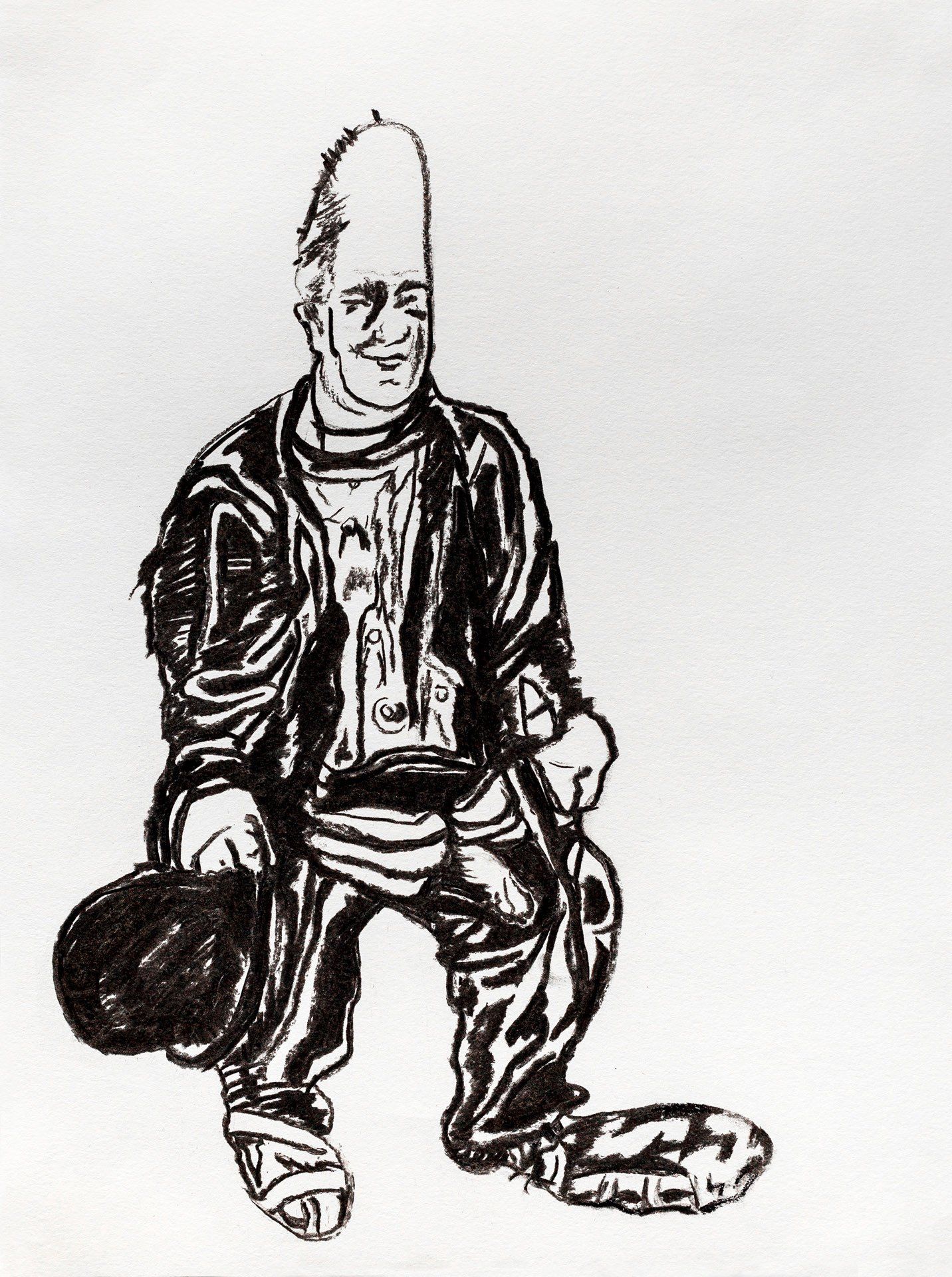 A black and white drawing of a man holding a hat