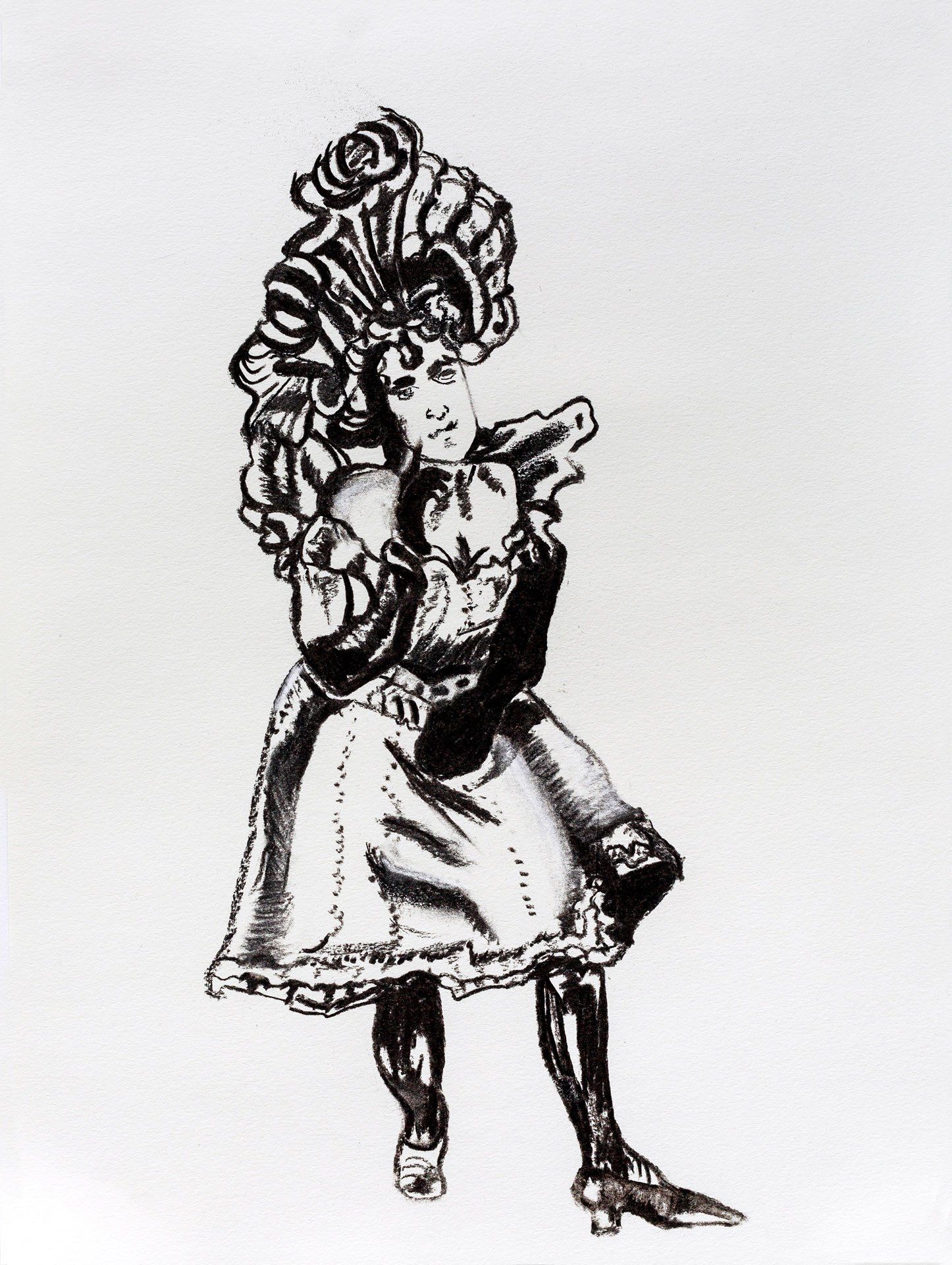 A black and white drawing of a woman in a dress