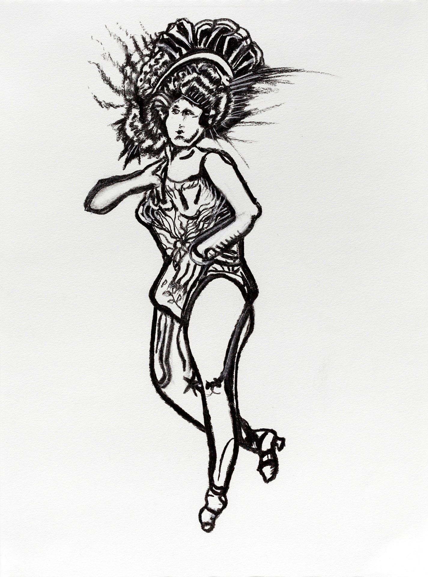 A black and white drawing of a woman with the number 17 on her chest