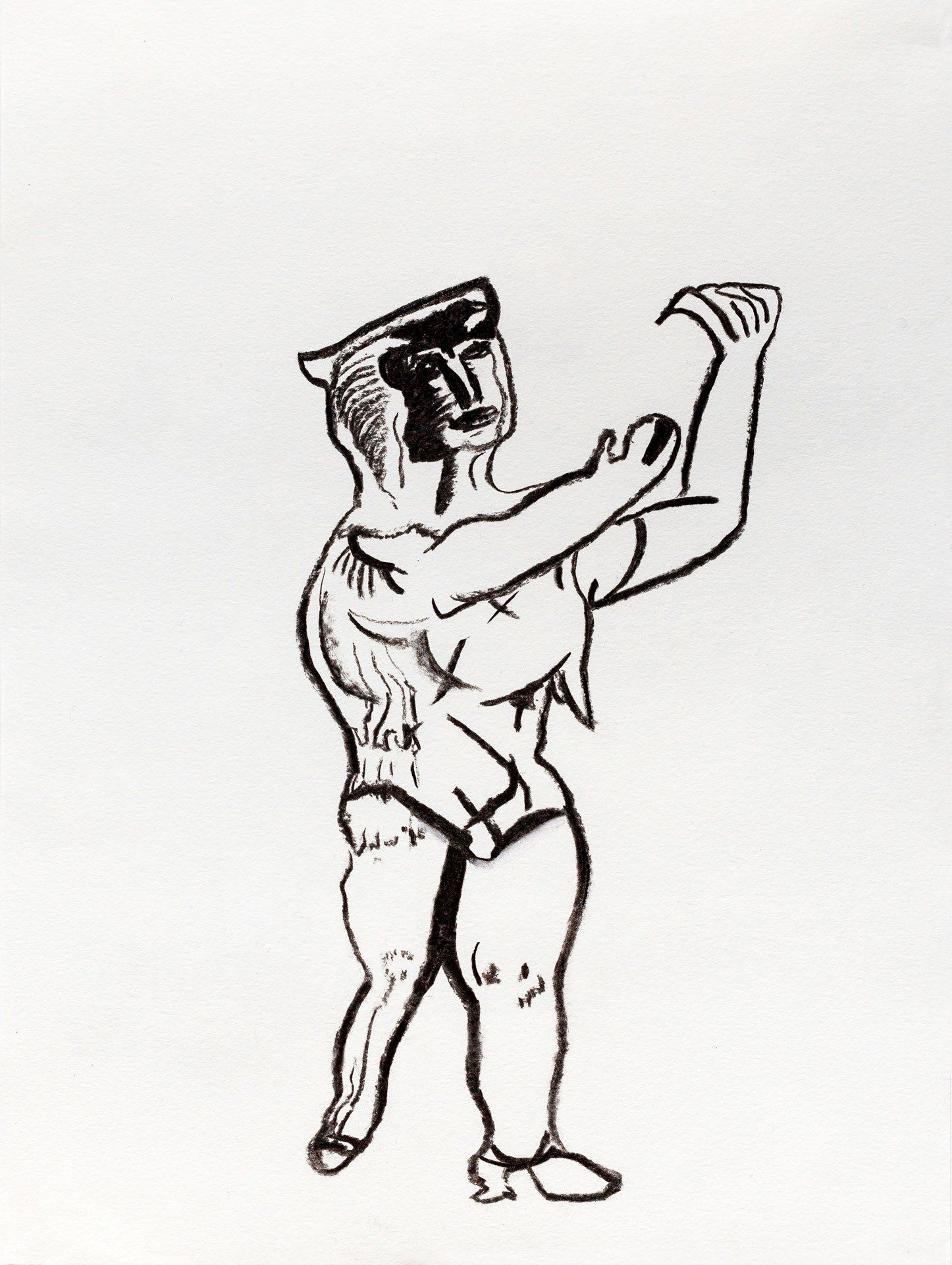 A black and white drawing of a man with a hat on