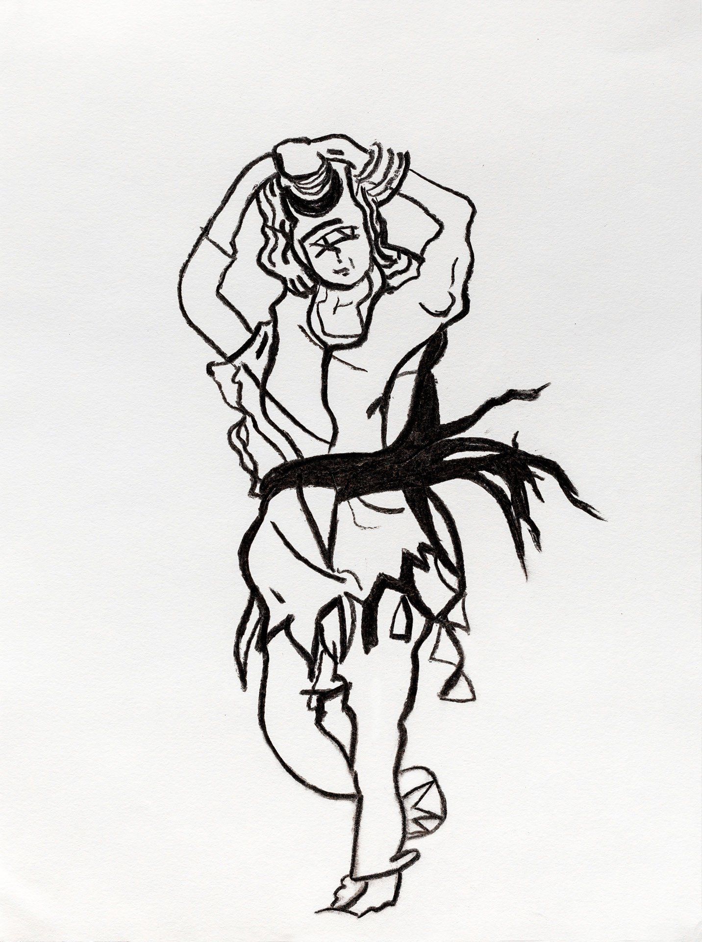 A black and white drawing of a man with a hat on his head