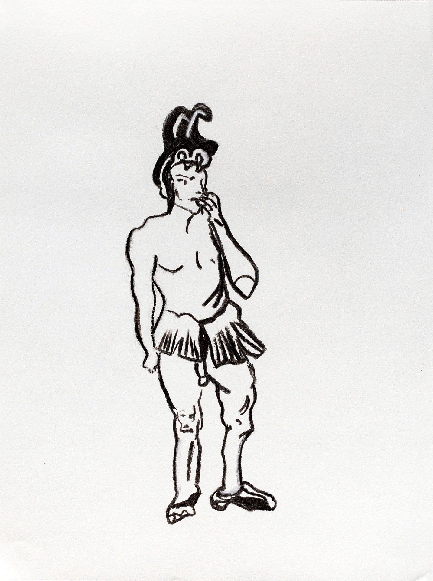 A black and white drawing of a man without a shirt