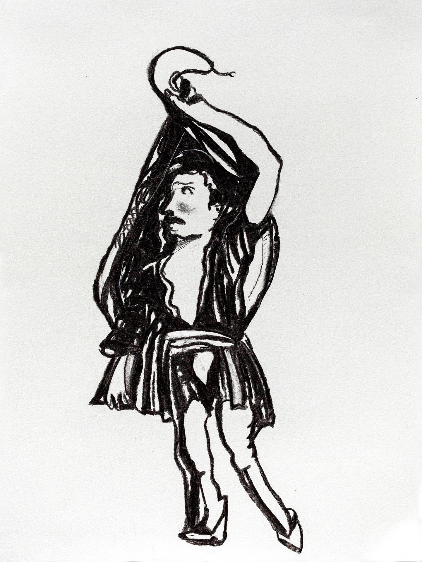 A black and white drawing of a man holding a snake over his head