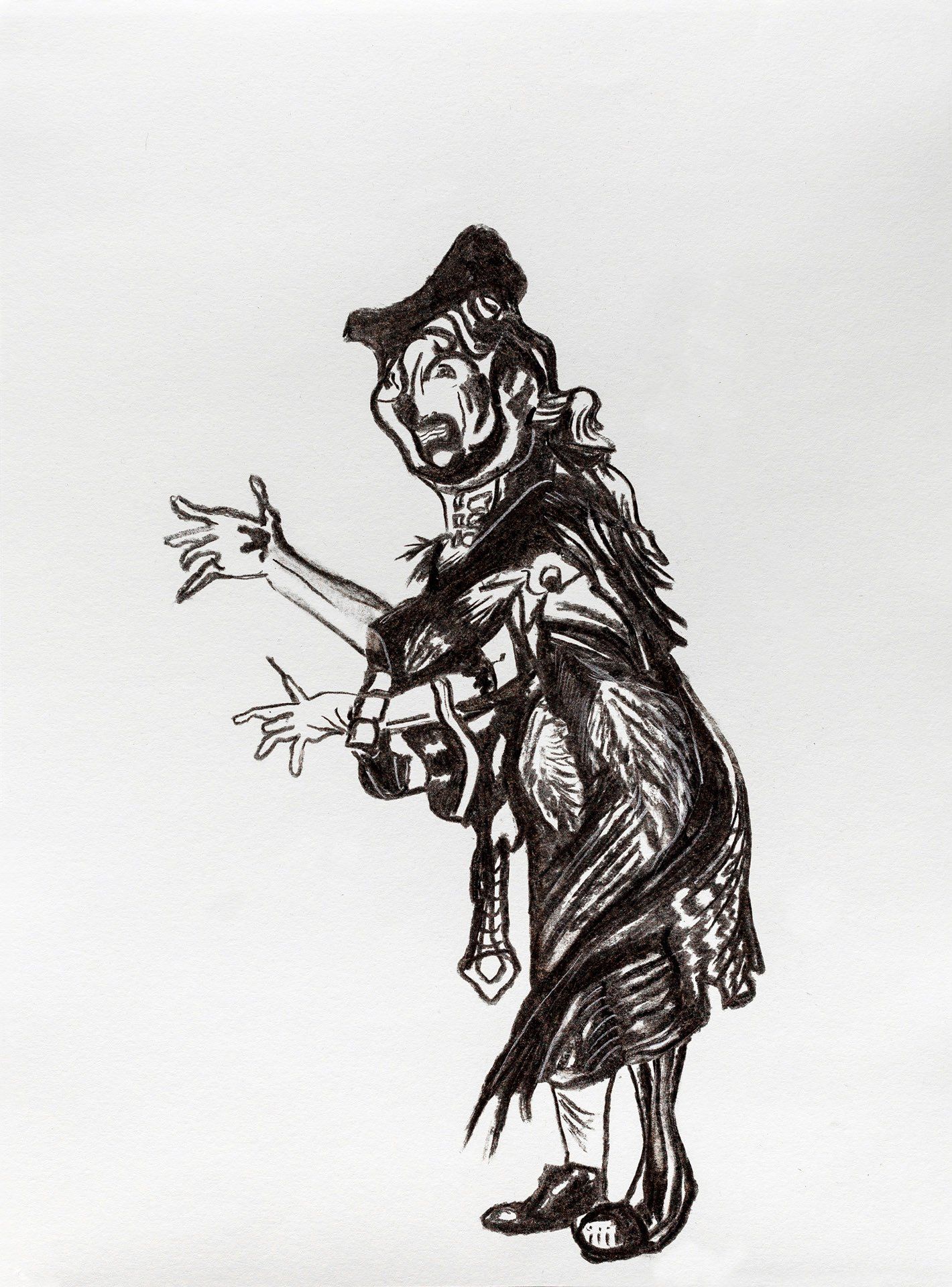 A black and white drawing of a man in a hat