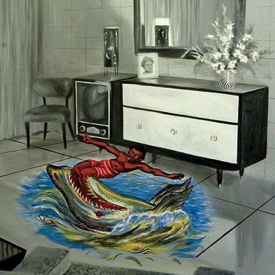 A painting of a man riding a shark in a living room
