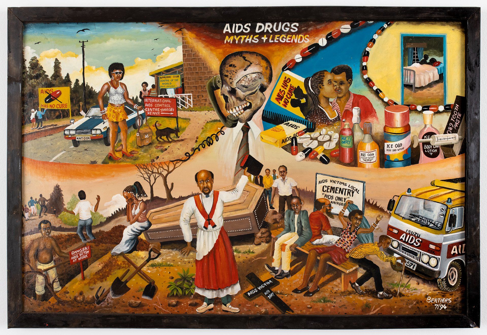 A painting of a man holding a clock that says aids drugs