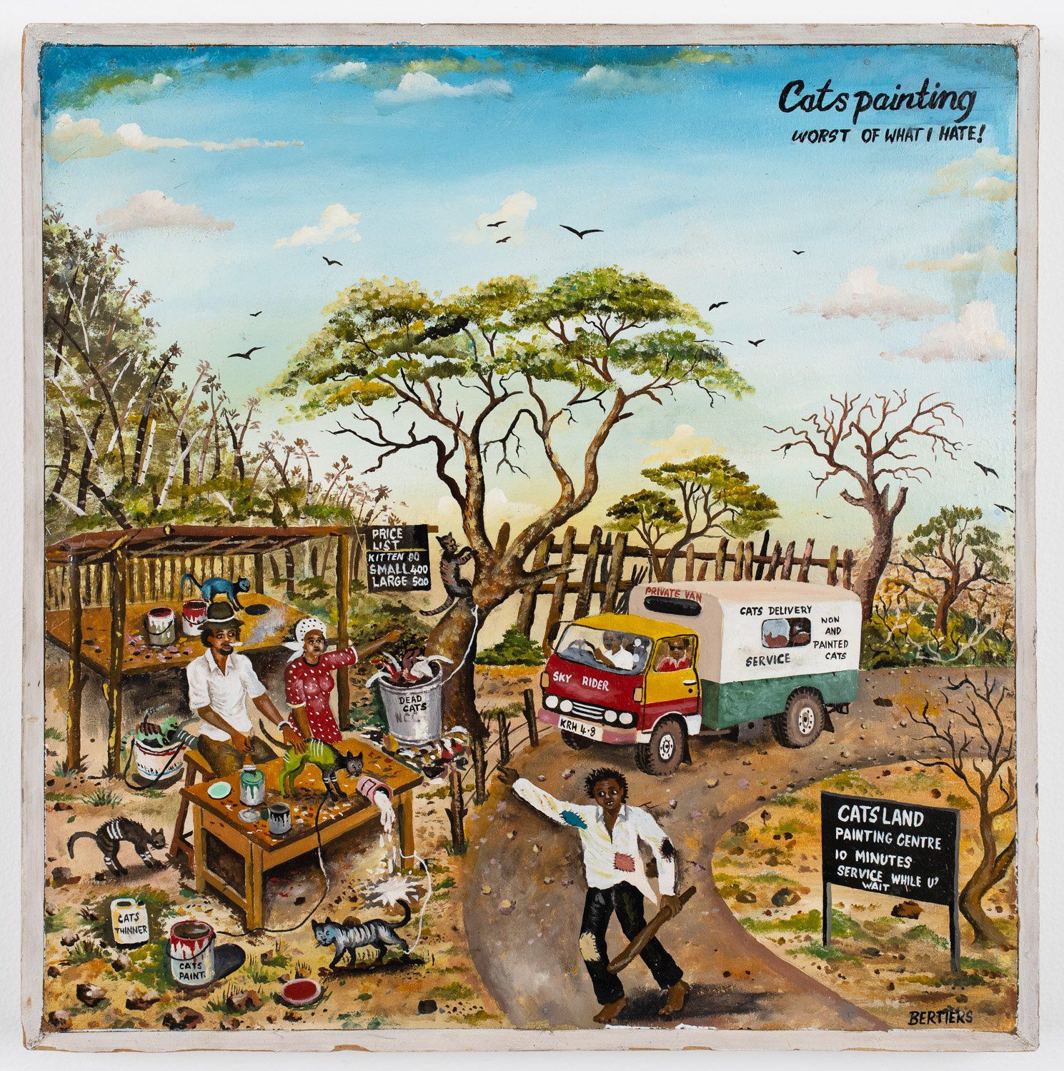 A painting titled cats pointing shows a man walking down a road