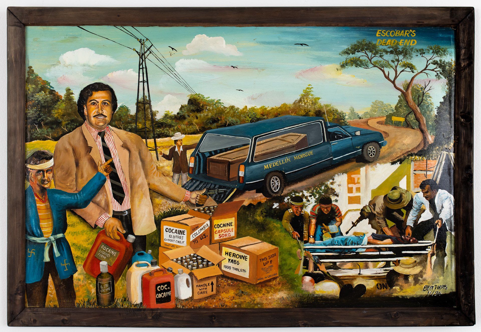 A painting of a man standing next to a funeral car