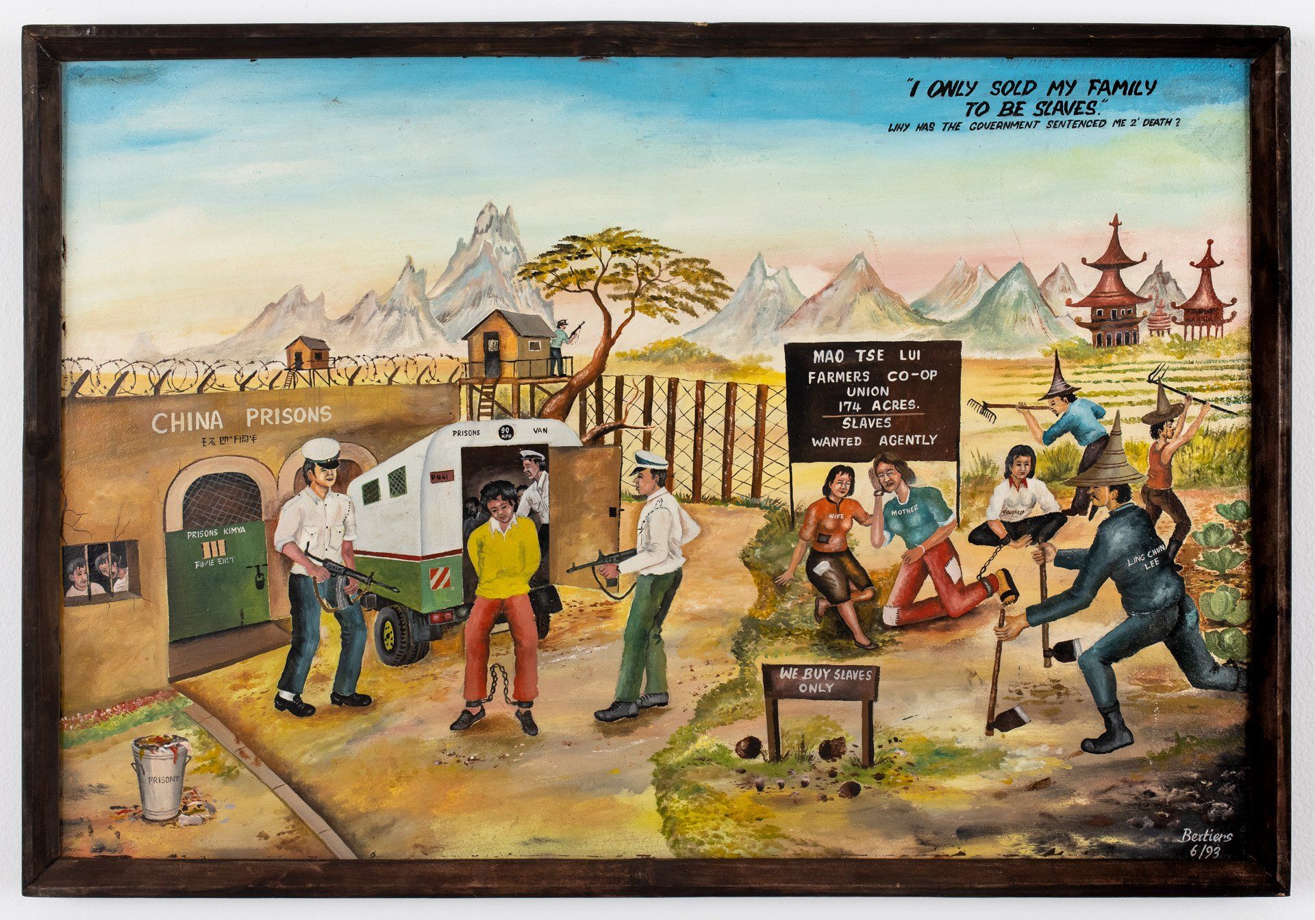 A painting of a group of people standing around a van