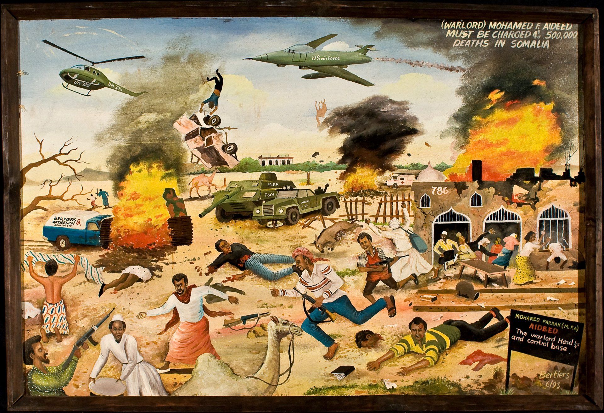 A painting of a military conflict with helicopters and planes