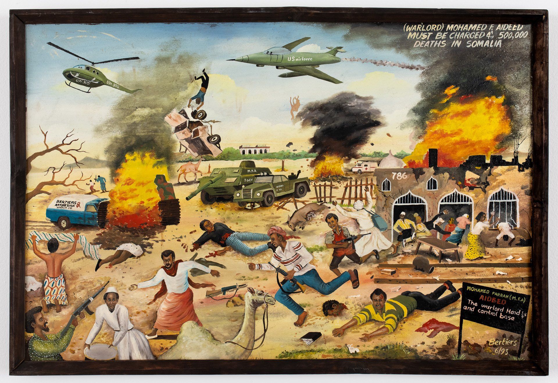 A painting of a military conflict with helicopters and planes