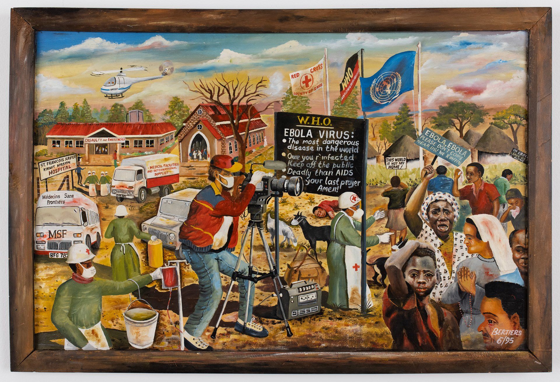 A painting of a man taking a picture of a crowd of people.