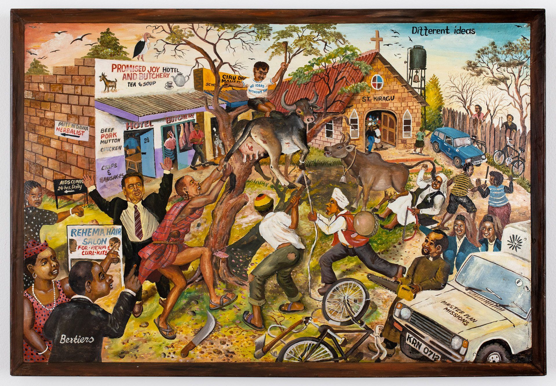 A painting of a group of people standing around a building.