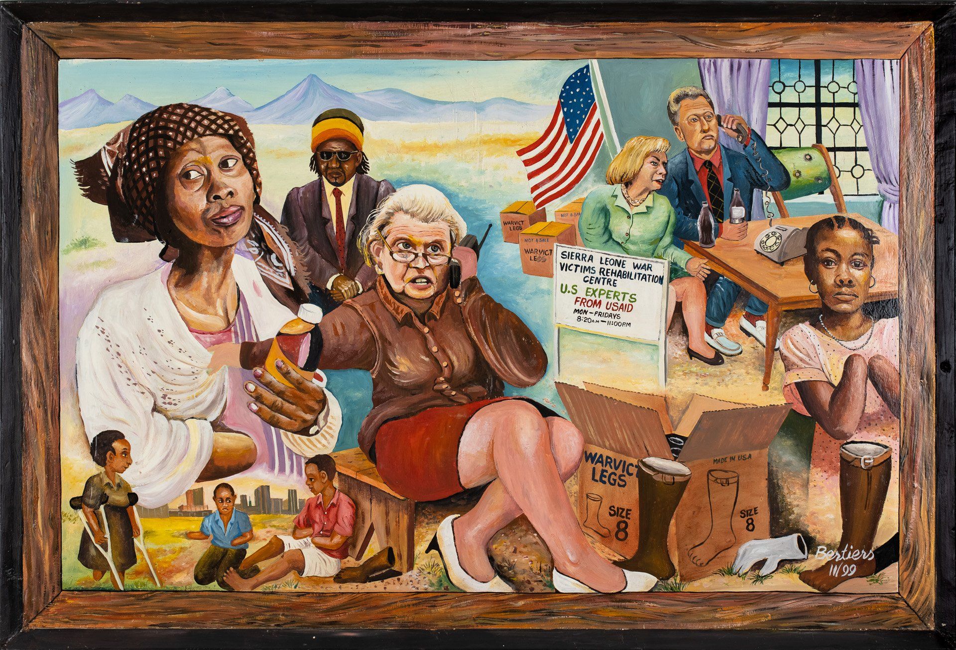 A framed painting of a woman talking on a cell phone