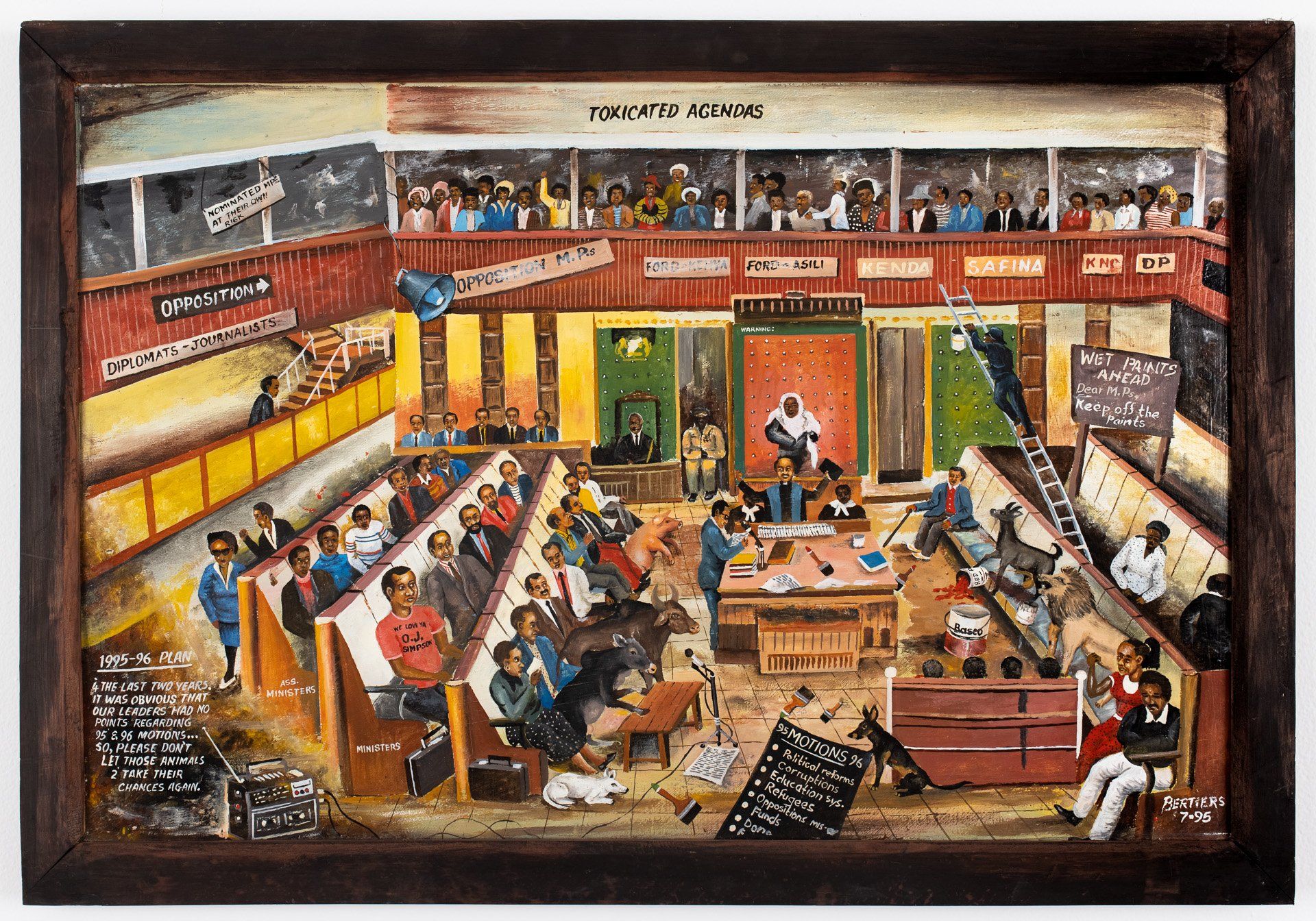 A painting of a group of people sitting in a room.