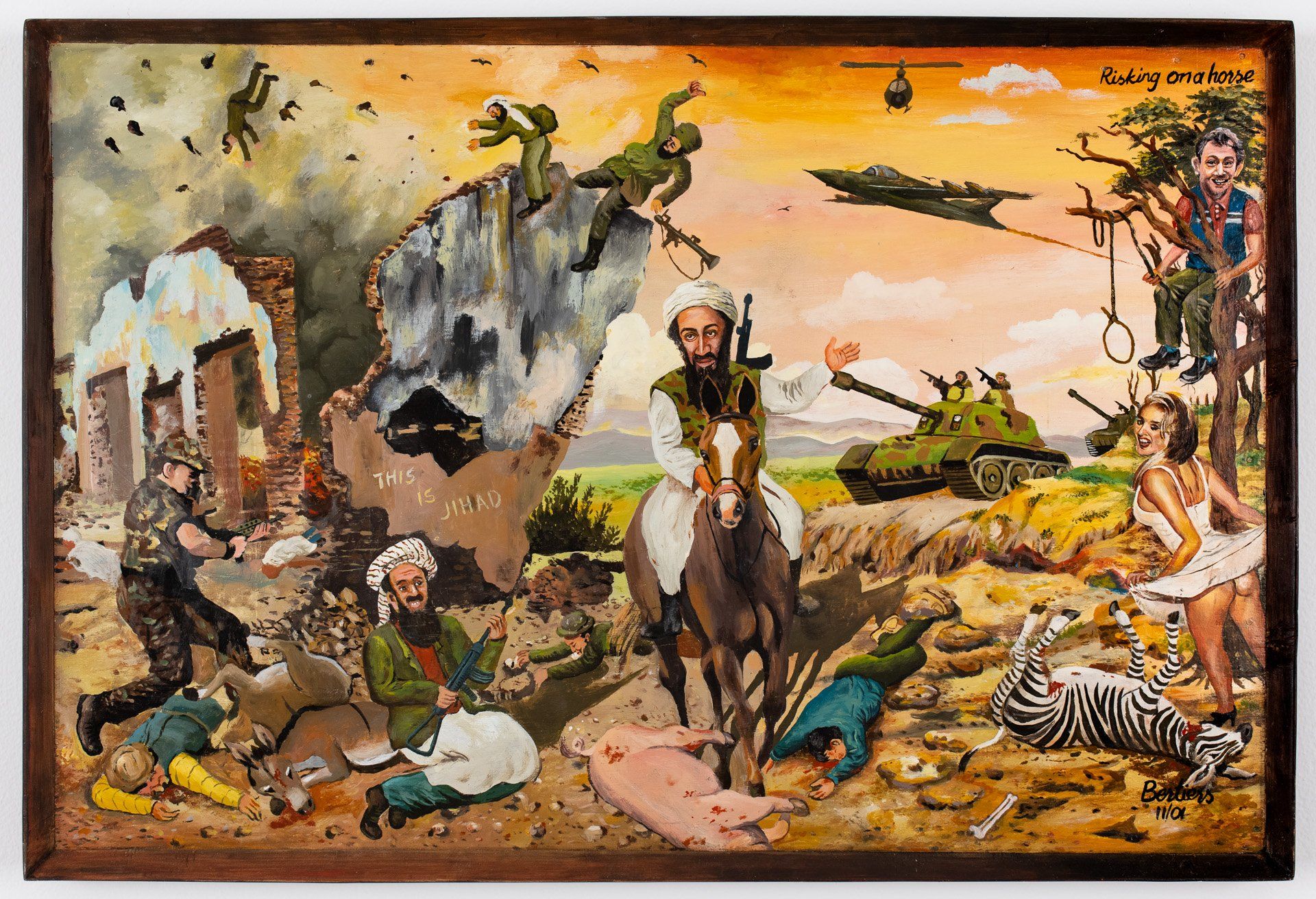 A painting of a man on a horse surrounded by soldiers and animals