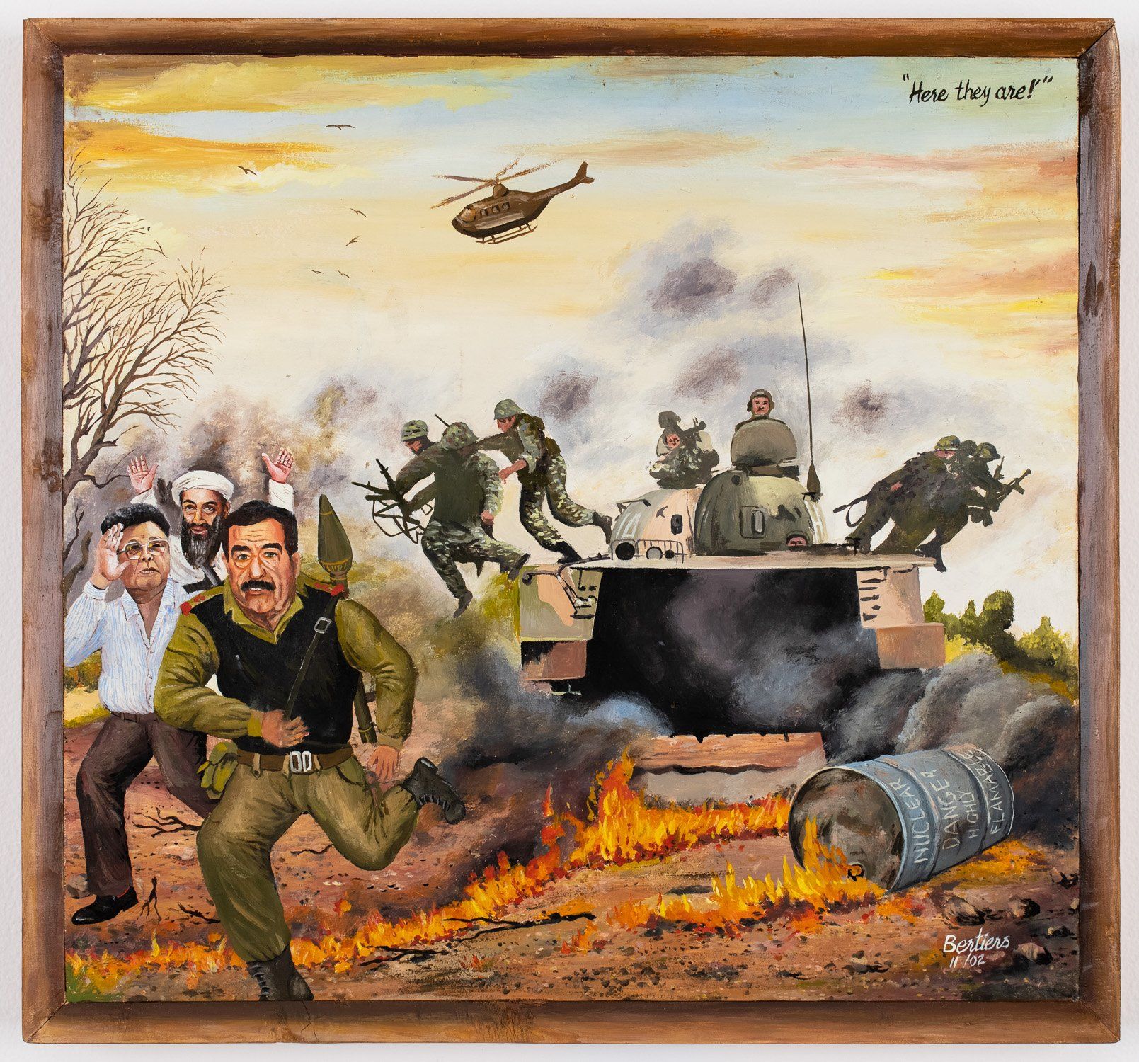 A painting of soldiers running from a tank with a helicopter flying overhead