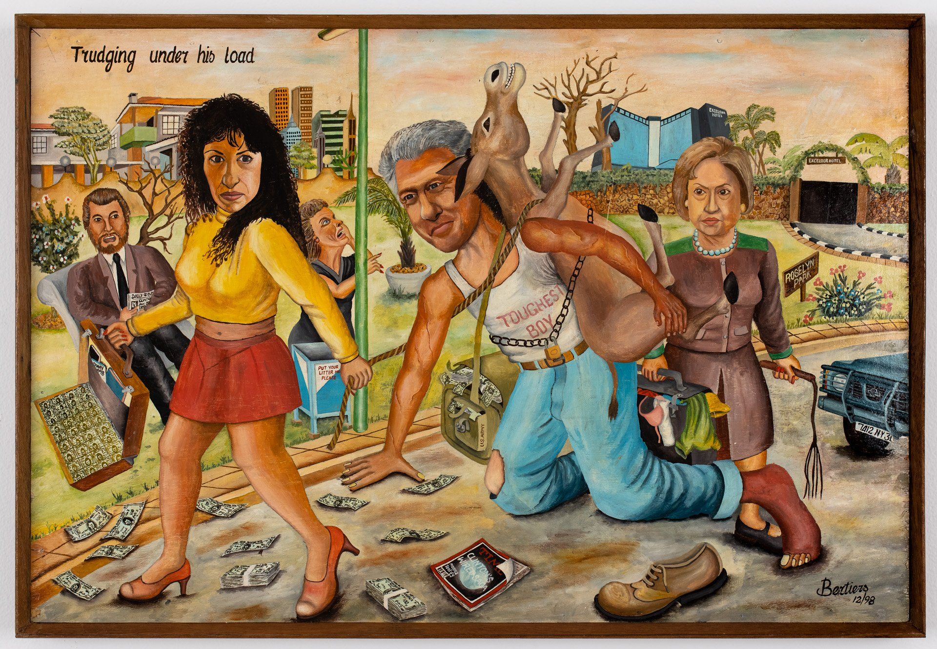 A painting of a man kneeling down with a dog on his back