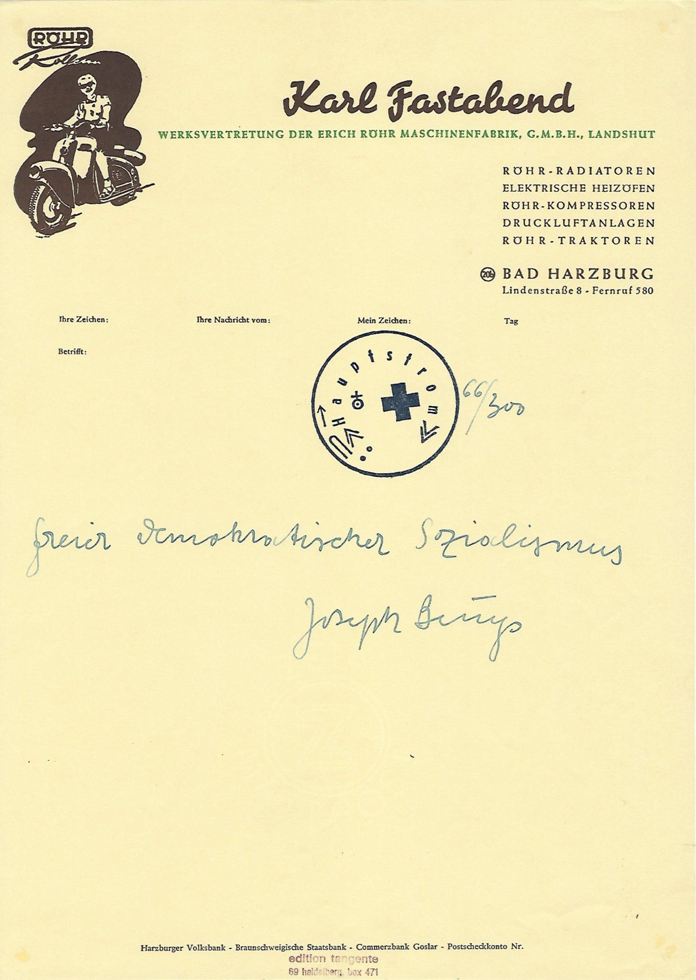 A letter from karl fastabend with a picture of a man on a motorcycle.