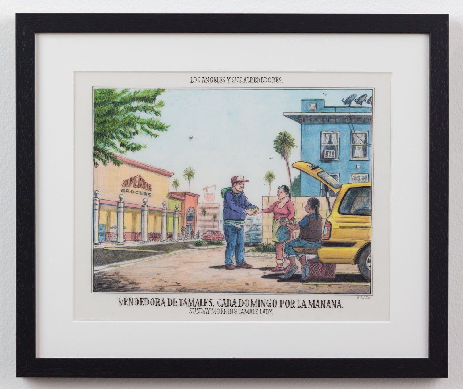 A framed painting of a man opening the trunk of a car