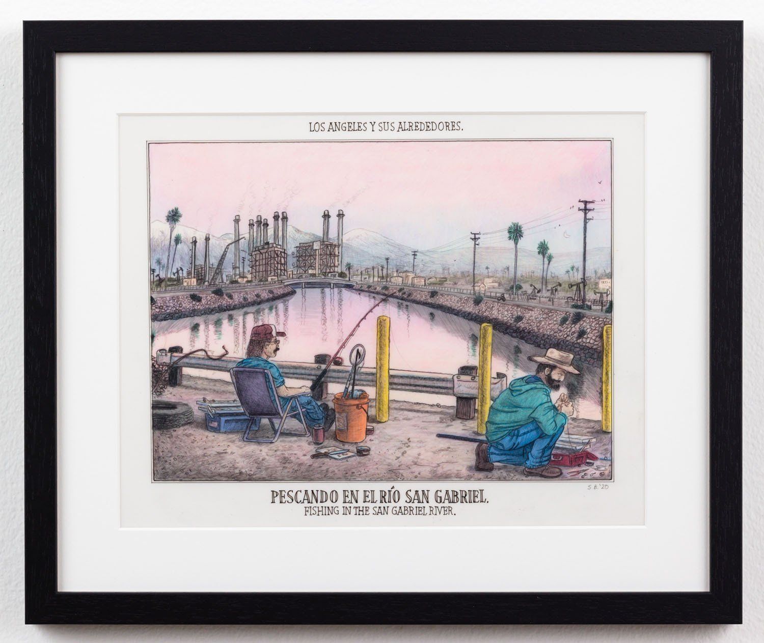 A framed painting of two people fishing in a river
