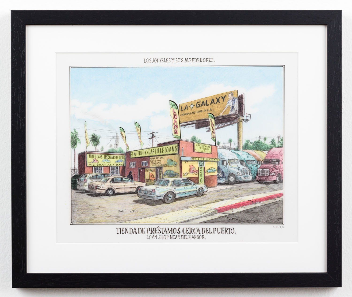A framed painting of a car dealership with cars parked in front of it