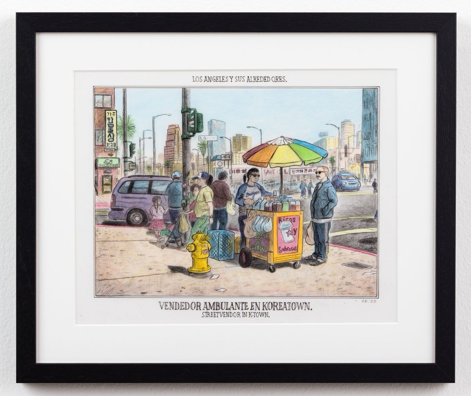A framed painting of a street vendor with a rainbow umbrella