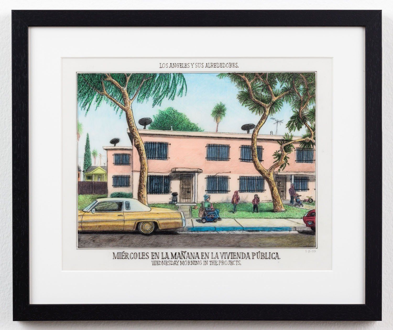 A framed picture of a house with a car parked in front of it