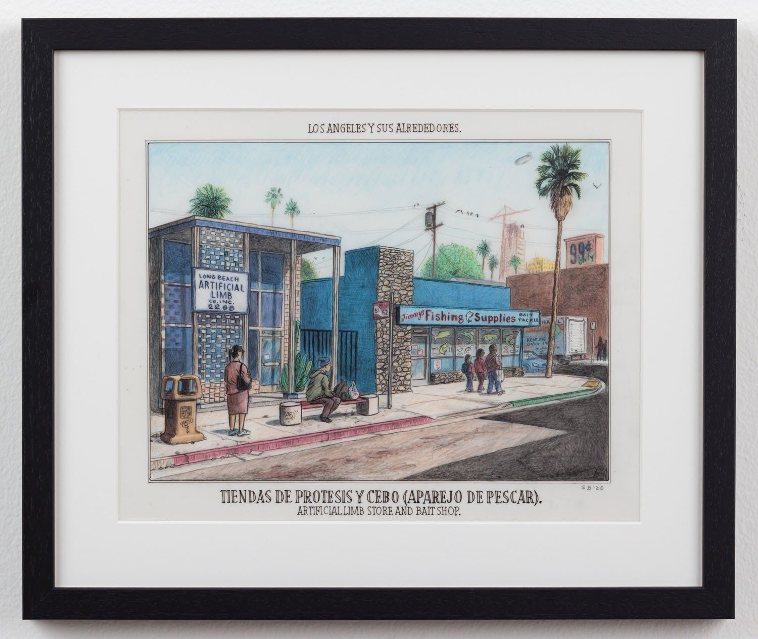 A framed painting of a bus stop with people waiting