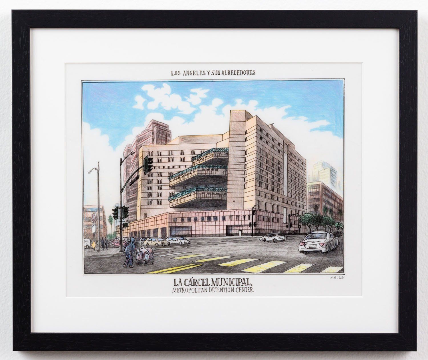A framed painting of a large building in a city