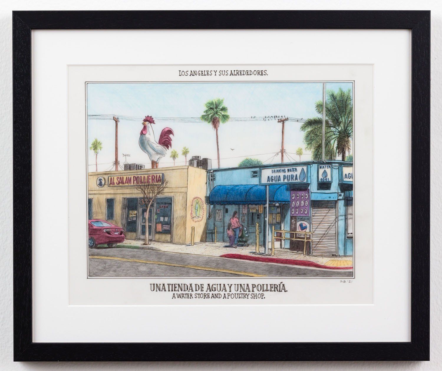 A framed painting of a rooster on top of a building