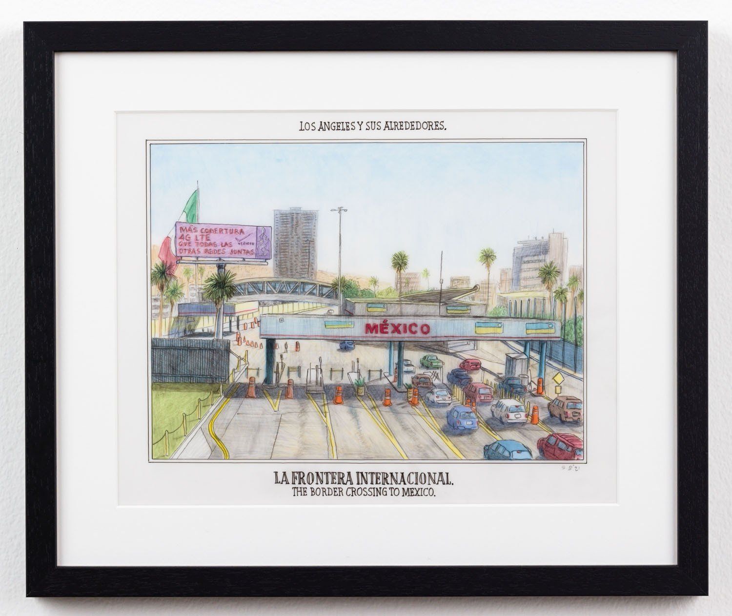 A framed drawing of a highway with cars waiting at a toll booth.