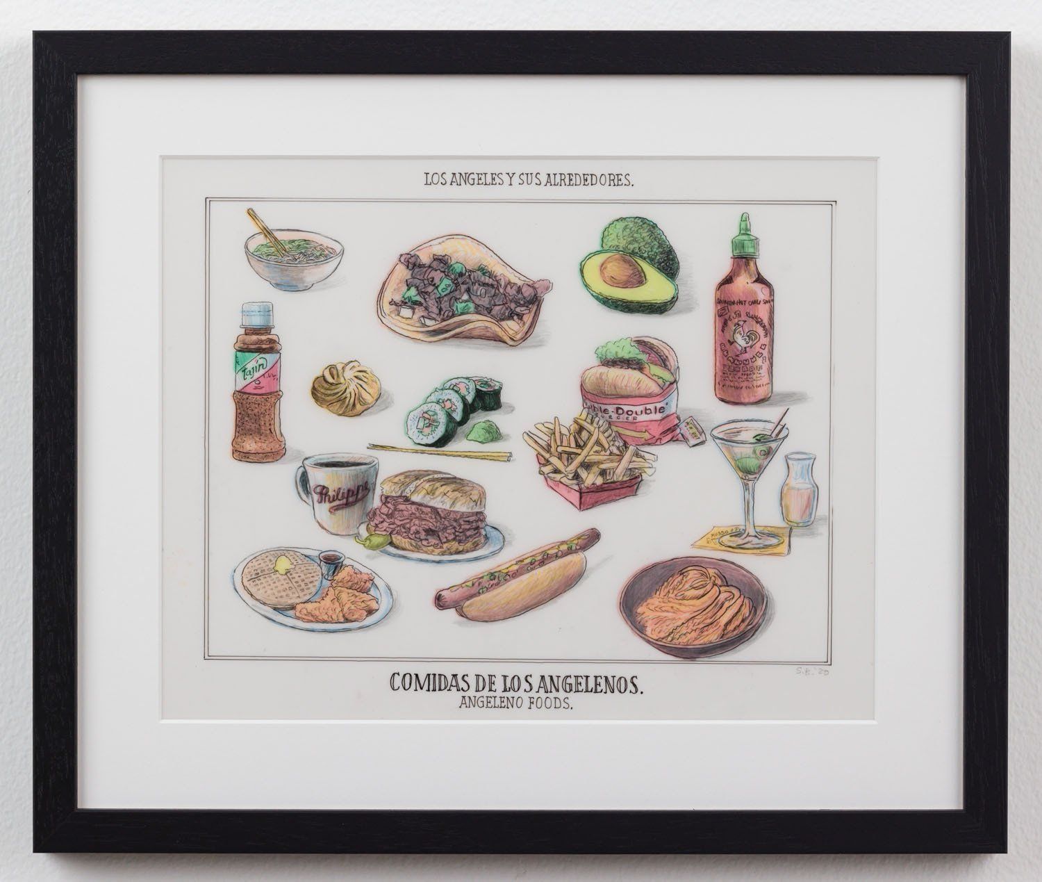 A framed painting of a variety of food and drinks