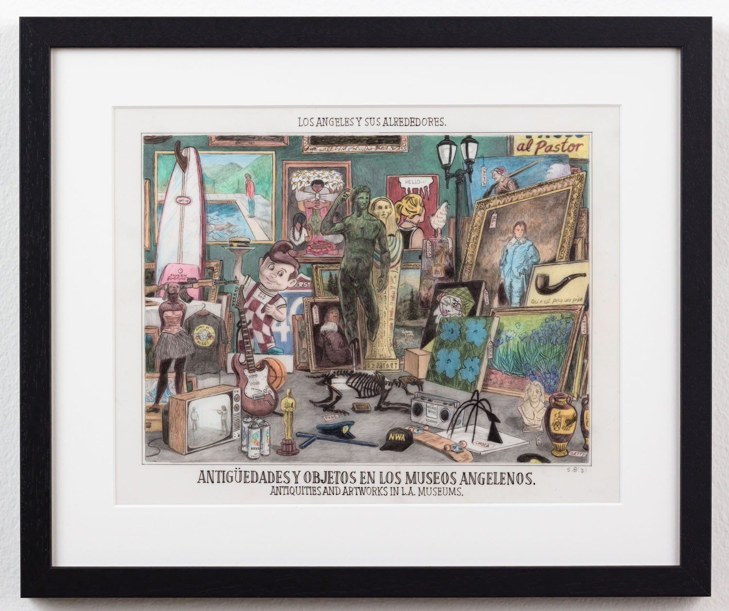 A framed painting of a room filled with lots of paintings.