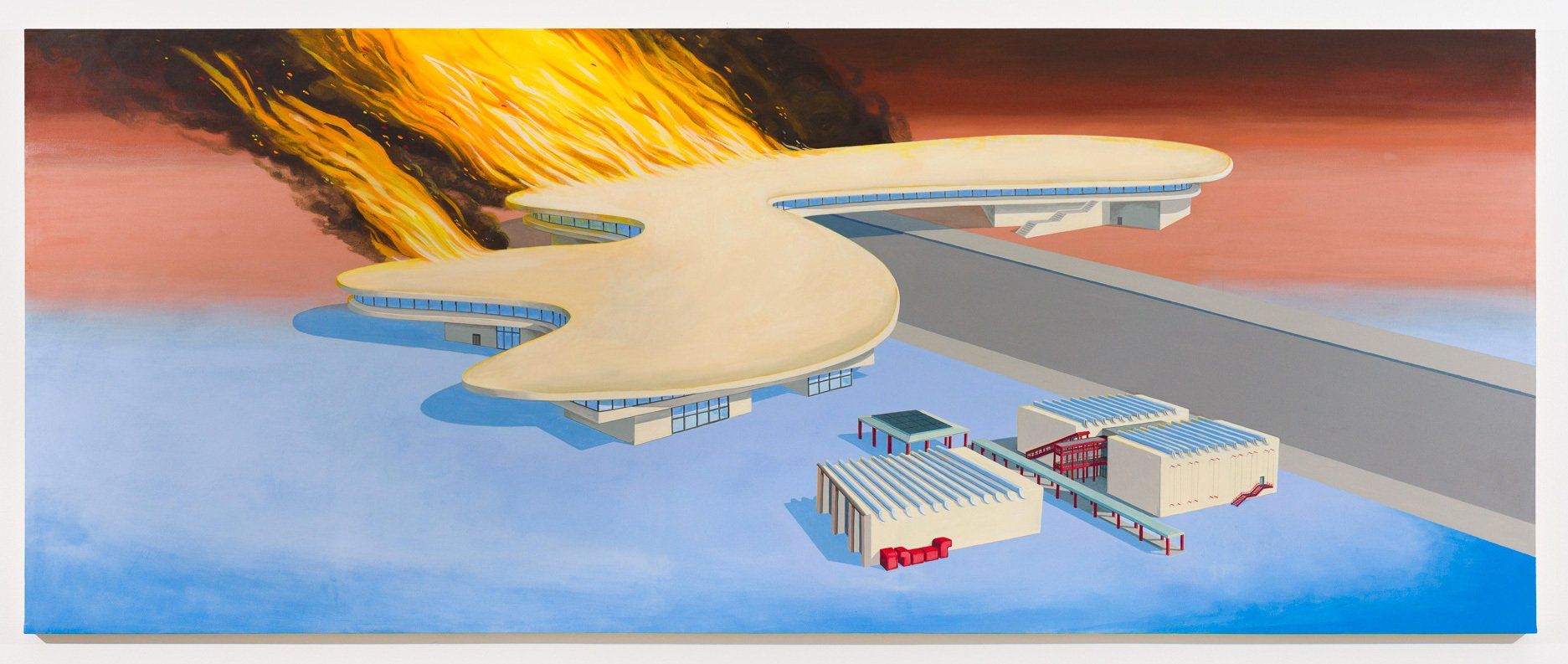 A large painting of a building on fire.